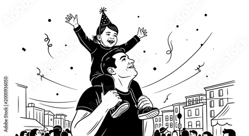 Father carrying his young child on his shoulders during a festive celebration.