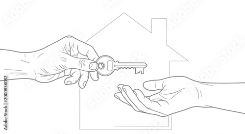 Line art illustration of a hand passing a key to another hand.