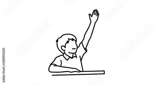 A schoolboy raising his hand in class to ask a question.