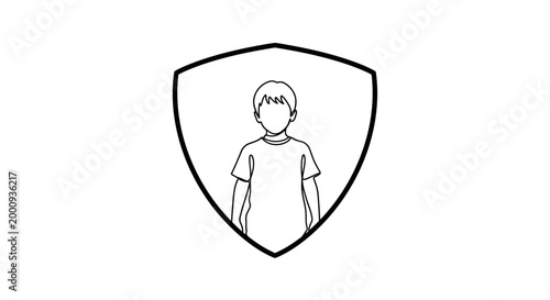 Minimalist line art illustration of a young boy protected inside a shield symbol.