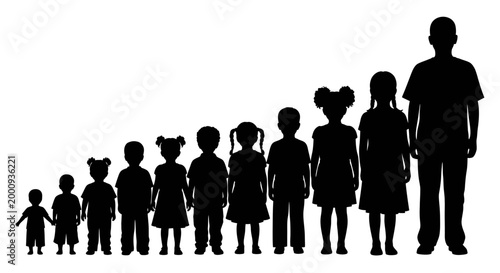 Black silhouettes of children and a man standing in a line by height.
