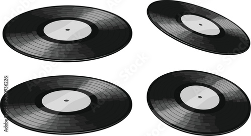 Vinyl record discs set with different perspectives retro music album collection classic analog sound vector illustration