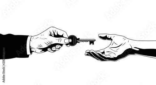 Handover of a metal key between two people.