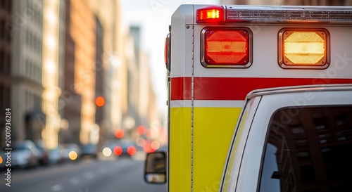 Ambulance vehicle emergency lights flashing on city street, medical response vehicle, urgent transport, urban background.