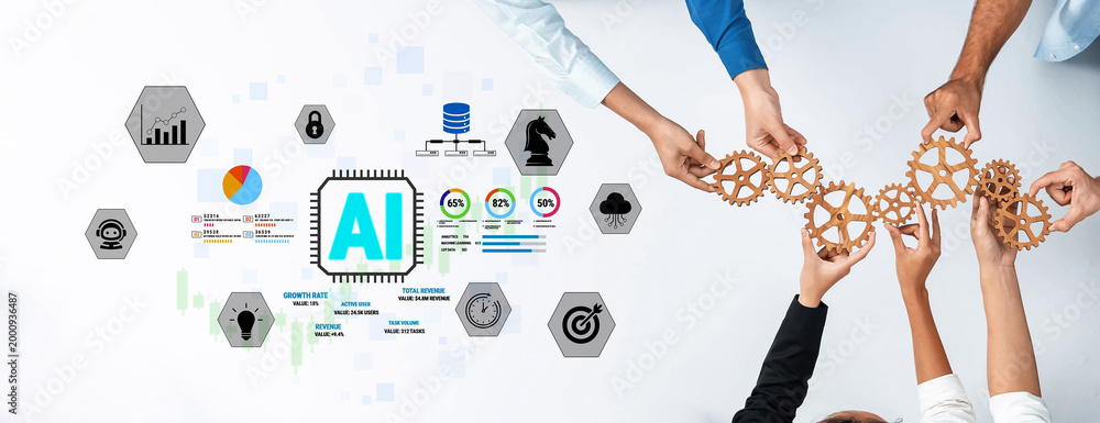 Obraz premium Collaborative Hands with Gears and Technology Icons Representing Artificial Intelligence Innovation and Data Analysis in a Modern Environment Fluxor.