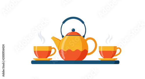 A vibrant illustration of a teapot with two cups of steaming tea on a tray, perfect for a cozy beverage break.
