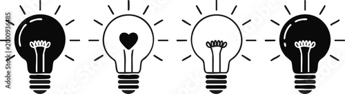Four black and white light bulb icons with different internal designs