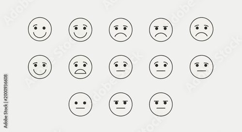 A collection of simple line-art emoticons displaying a range of emotions from happiness to sadness and neutrality.