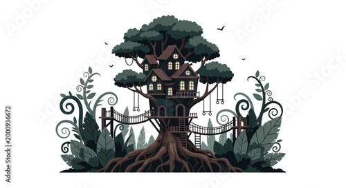 Bild auf Leinwand treehouse in lush forest silhouette high quality professional detailed modern el