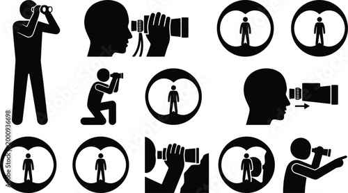 Verschiedene Piktogramme von Personen, die Ferngläser oder Teleskope benutzen, und Ansichten durch Optiken.