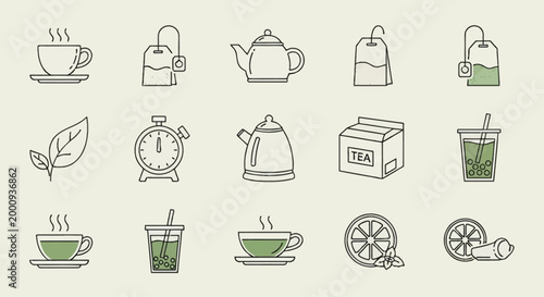 A collection of line art icons representing various aspects of tea preparation and enjoyment.
