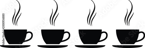 Four black coffee cups with steam rising drink