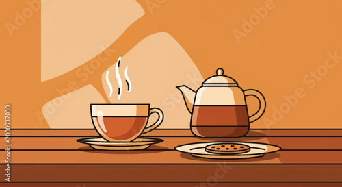 A steaming cup of tea sits next to a teapot and a cookie on a wooden surface.