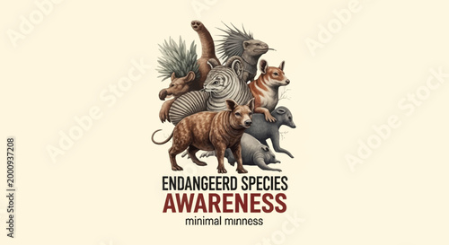 A striking illustration of various endangered species gathered together, promoting awareness for their conservation.