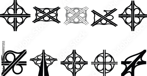 Eine Sammlung von zehn verschiedenen Autobahnkreuz-Designs und Straßenverbindungen in Schwarz-Weiß-Grafiken.