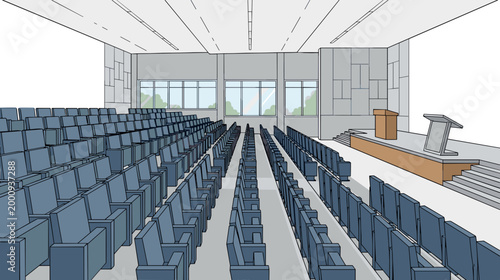 Empty modern lecture hall with rows of seats and stage after ceremony interior education concept