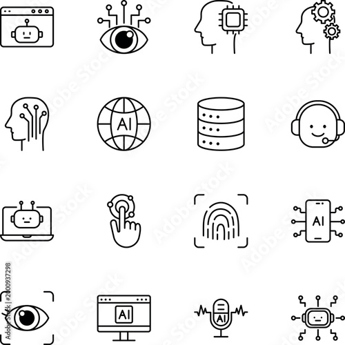 Artificial intelligence technology machine learning data digital icons, robot, brain, server, fingerprint, microphone, eye, globe, smartphone