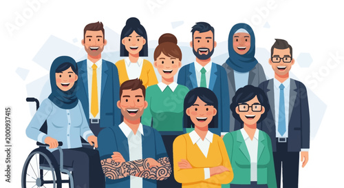 Diverse group of smiling people of various ethnicities, ages, genders, and abilities, including a person in a wheelchair, standing together.