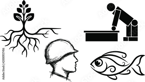 Black silhouette collection showing plant growth roots, worker bowing gesture, construction helmet profile, and decorative fish illustration