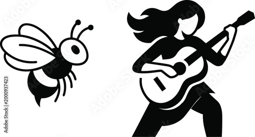 Black silhouette illustration featuring flying bee insect and female guitarist performing music with energetic artistic expression