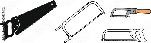 Hand Saw and Hacksaw Tool Collection Set Including Carpentry Cutting Equipment Flat Vector Illustration