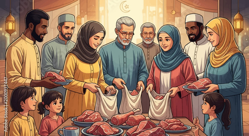 A Muslim family gathers to distribute meat during a religious celebration, sharing blessings and tradition.