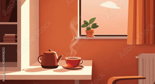 A cozy scene with a steaming cup of tea and a teapot on a table by a window with a plant.
