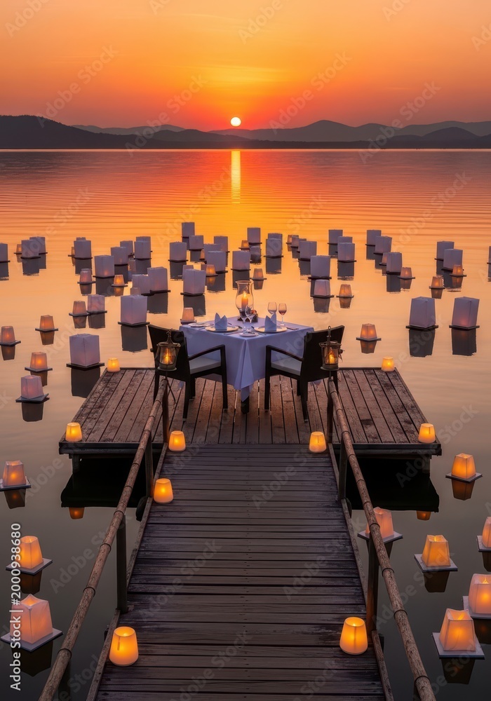 Fototapeta premium Romantic table for two is set on a wooden dock surrounded by glowing lanterns on a calm lake at sunset.