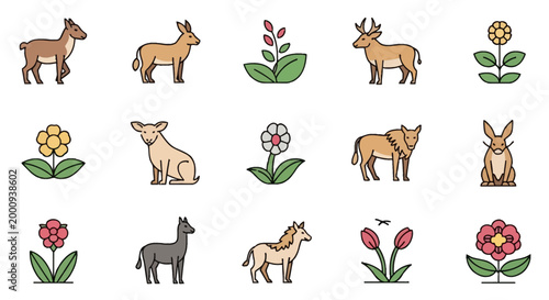 A collection of stylized icons featuring various animals and flowers, presented in a grid format.
