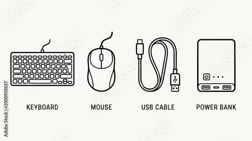 Set of computer accessories and electronic gadgets including keyboard, mouse, usb cable and power bank