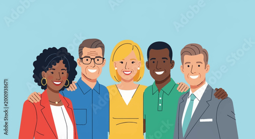 A diverse group of five smiling people, two women and three men, standing together with their arms around each other.