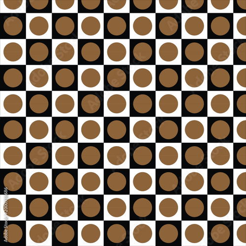 Seamless Geometric Checkerboard Pattern with Brown Polka Dots on Black and White Squares