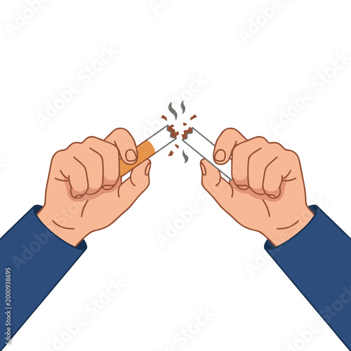 Hands breaking cigarette in half isolated on light background symbol of quitting smoking and strong decision