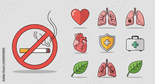 Illustration of a no smoking sign alongside icons representing health, lungs, heart, and a medical kit.