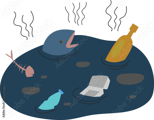 polluted water with fish and trash