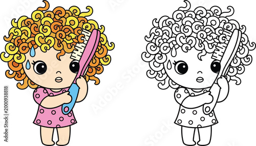 Cute Cartoon Girl Struggling with Tangled Curly Hair and Hairbrush