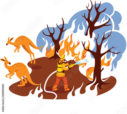 firefighter battling wildfire with kangaroos nearby