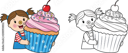 Cute Cartoon Girl with Giant Cupcake Fun Food and Dessert Illustration for Kids and Celebration Designs