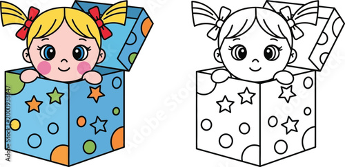 Cute Cartoon Girl with Pigtails Popping Out of Gift Box