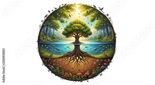 A vibrant, spherical ecosystem showcasing a majestic tree with deep roots, surrounded by lush forests, a serene lake teeming with fish, and diverse flora and fauna.