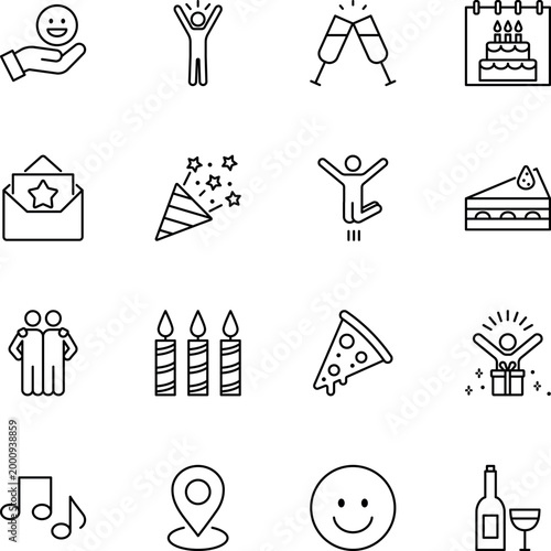 Party celebration event birthday anniversary icons set, cake, champagne, candles, party popper, gift, invitation, pizza, music
