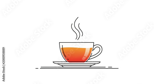 A clear glass cup filled with hot orange tea sits on a saucer, with steam rising from the beverage.