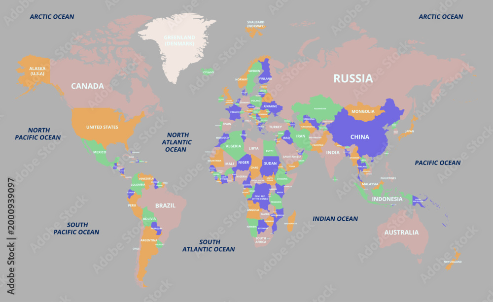 Naklejka premium Colorful world map hgih quality vector with all state and countrie names on grey background