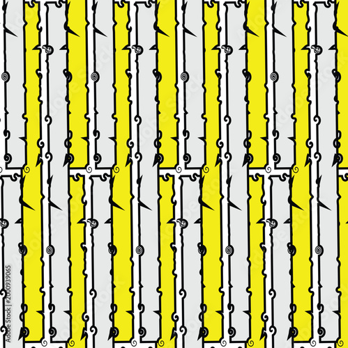 Abstract seamless pattern with vertical yellow and grey thorny stripes in a hand drawn doodle style