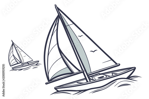 Nautical vector illustration design featuring two sailboats gliding across blue ocean waves with birds flying overhead