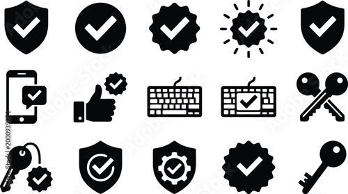 Sammlung von Sicherheitssymbolen und Verifizierungs-Icons, darunter Schilde, Schlüssel, Tastaturen und Bestätigungshaken in Schwarz-Weiß.