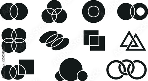 Sammlung abstrakter geometrischer Formen und Überlappungen in Schwarz-Weiß-Grafik.