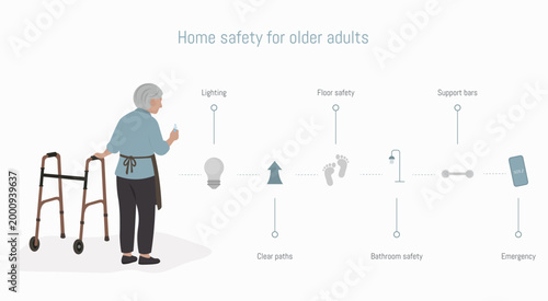 Home safety and fall prevention infographic for seniors living independently.