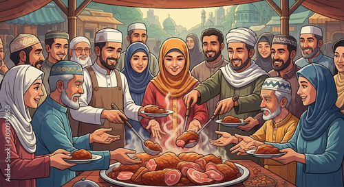 A large group of Muslim people sharing a communal meal at a festive outdoor gathering, serving hot food from a big platter with smiles.