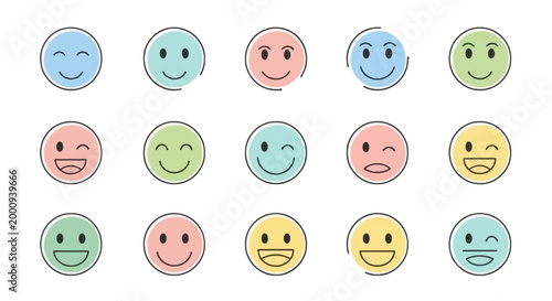 A collection of colorful, minimalist emoji faces expressing various positive emotions.